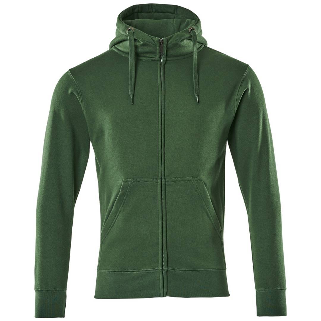 Grüner Reißverschluss-Kapuzenpullover mit langen Ärmeln und vorderen Taschen, gezeigt auf einfachem Hintergrund.