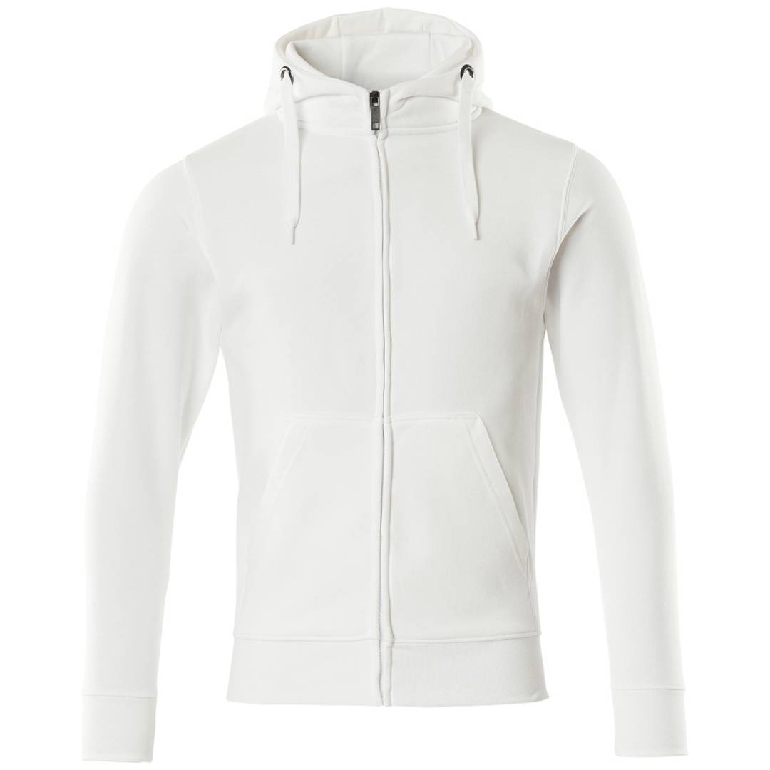 Weißer Reißverschluss-Hoodie mit Kordelzug-Kapuze, vorderen Taschen und langen Ärmeln auf weißem Hintergrund gezeigt.