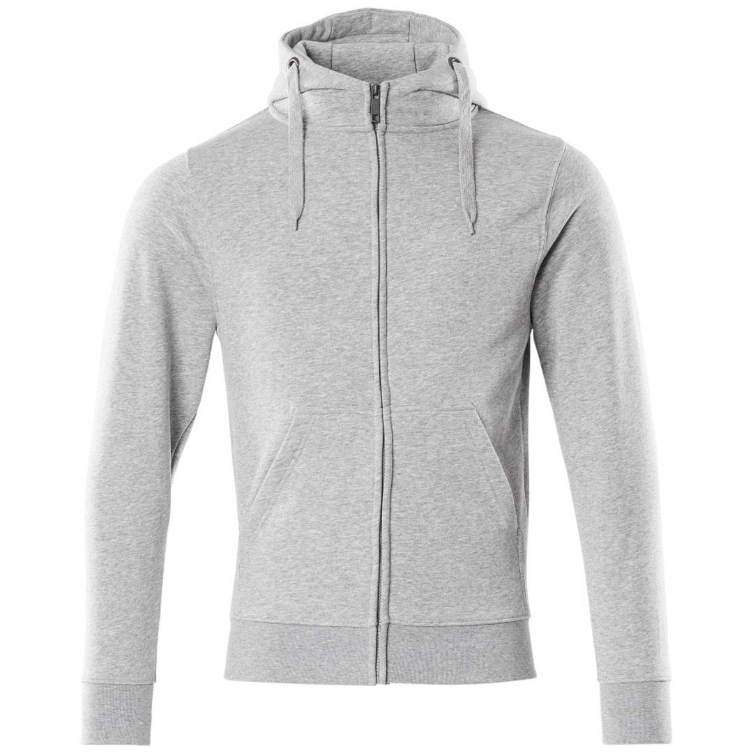 Hellgraues Kapuzen-Sweatshirt mit Reißverschluss, Kapuze mit Zugband, vorderen Taschen sowie gerippten Bündchen und Saum auf weißem Hintergrund.