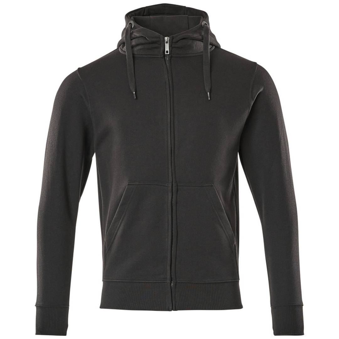 Schwarze Reißverschluss-Kapuzenjacke mit Kapuzenziehbändern, langen Ärmeln und vorderen Taschen auf einfachem weißem Hintergrund.