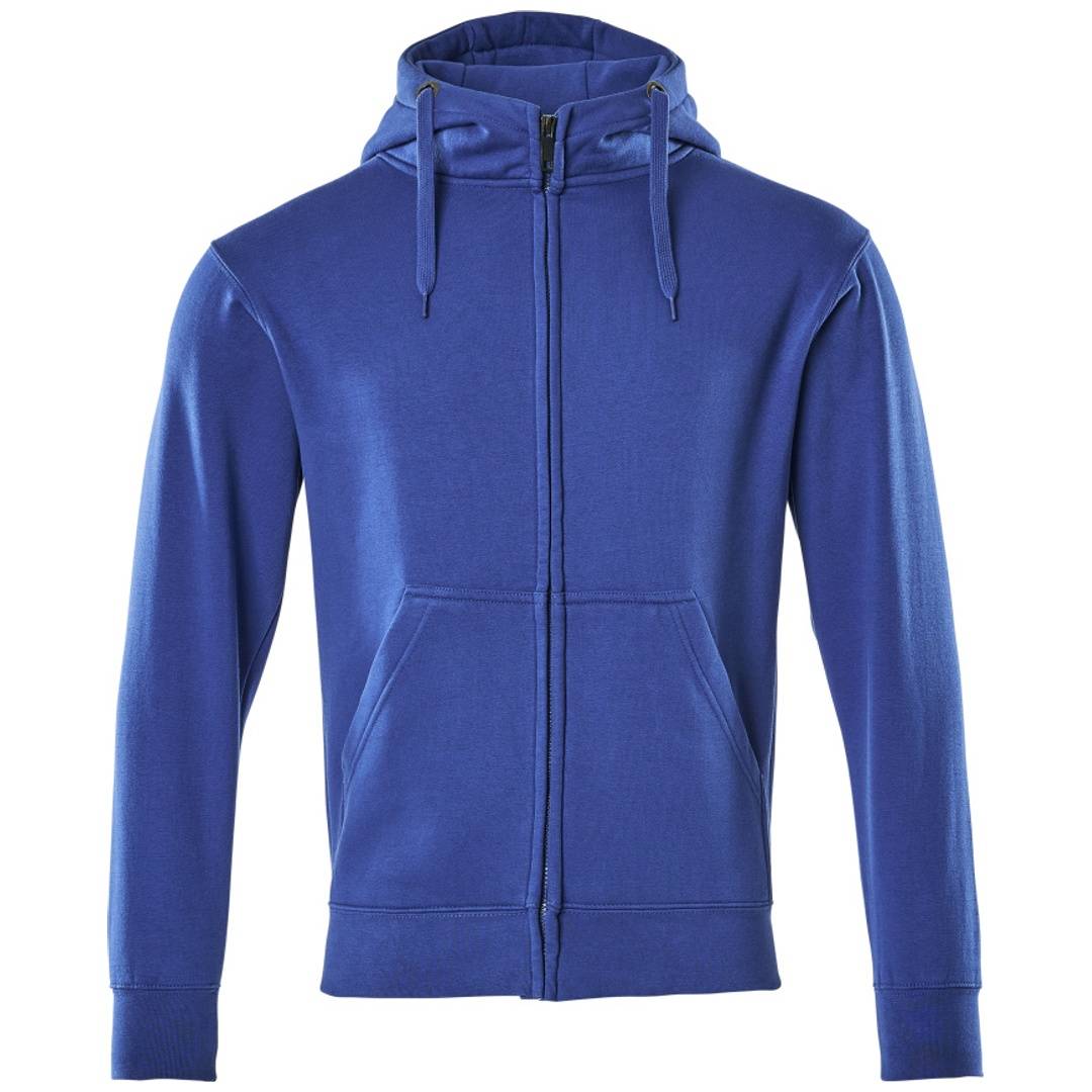 Blauem Kapuzenpullover mit Reißverschluss, Kordelzug-Kapuze, vorderen Taschen und langen Ärmeln auf neutralem Hintergrund.