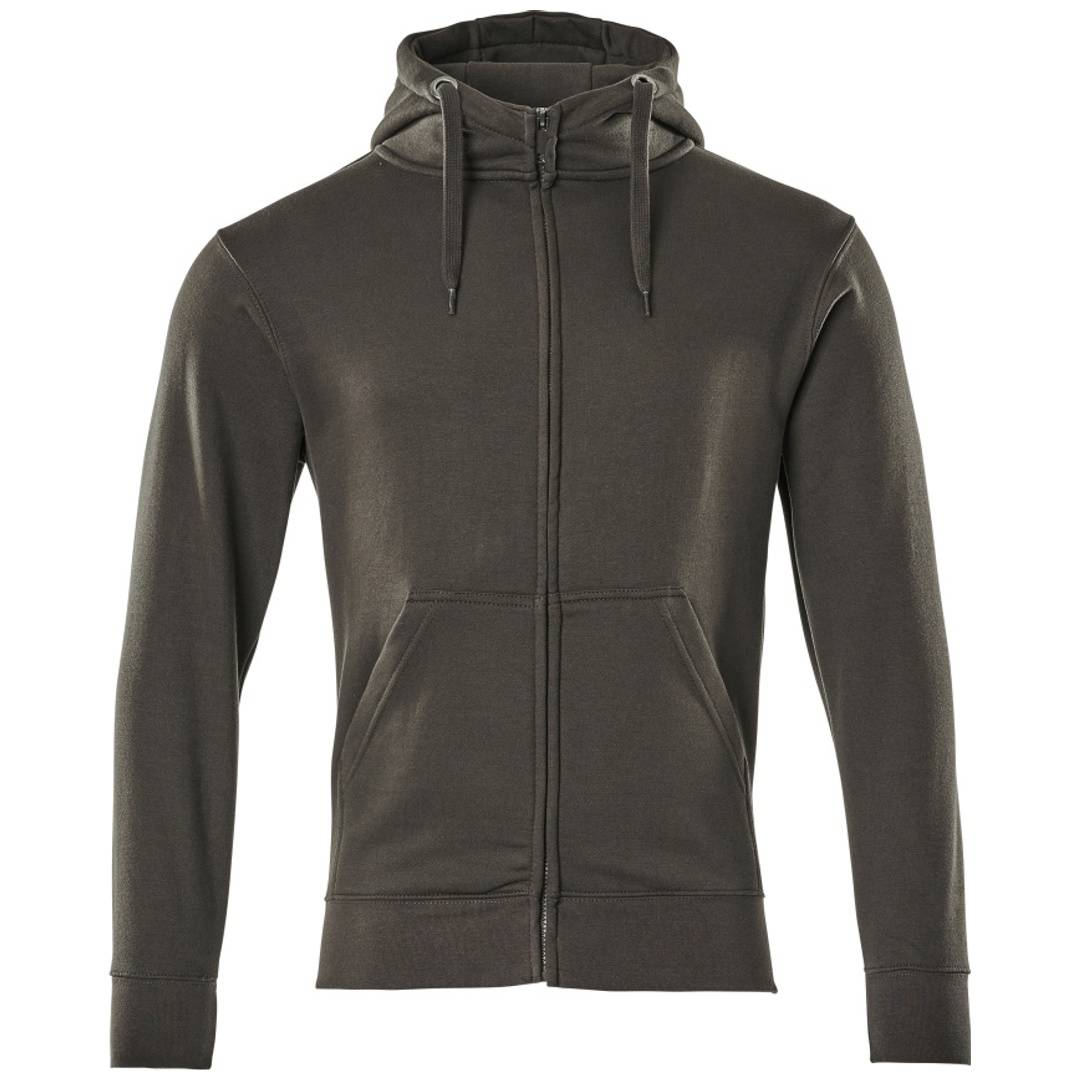 Dunkelgrauer Kapuzenpullover mit Reißverschluss, Kordelzüge, lange Ärmel und vordere Känguru-Tasche, vor hellem weißem Hintergrund gezeigt.