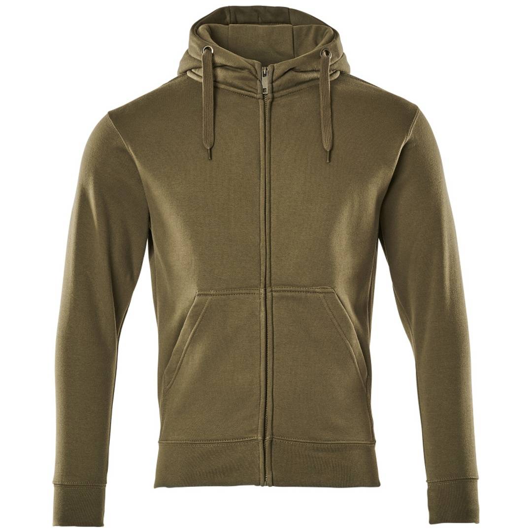 Olivgrünes Reißverschluss-Kapuzensweatshirt mit Kordelzügen, vorderen Taschen und langen Ärmeln auf weißem Hintergrund.