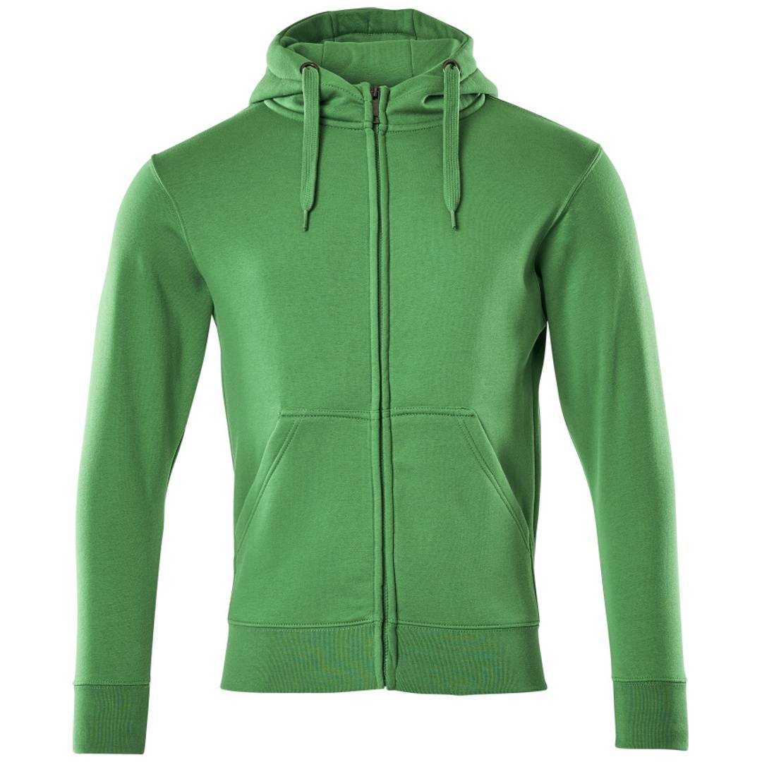Grüner Reißverschluss-Hoodie mit Kordelzügen, vorderen Taschen und gerippten Bündchen sowie Saum, gezeigt auf weißem Hintergrund.