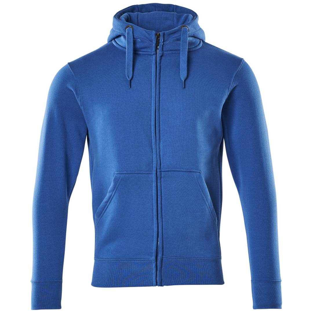 Blauerer Reißverschluss-Hoodie mit Fronttaschen, Vorderansicht auf weißem Hintergrund gezeigt.