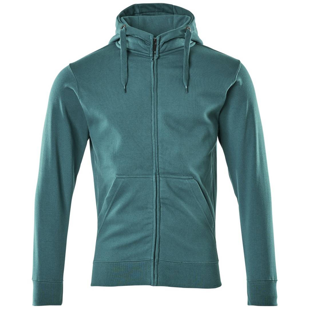 Türkisfarbenes Kapuzensweatshirt mit Reißverschluss, Zugkordeln, Vordertaschen und langen Ärmeln auf weißem Hintergrund.