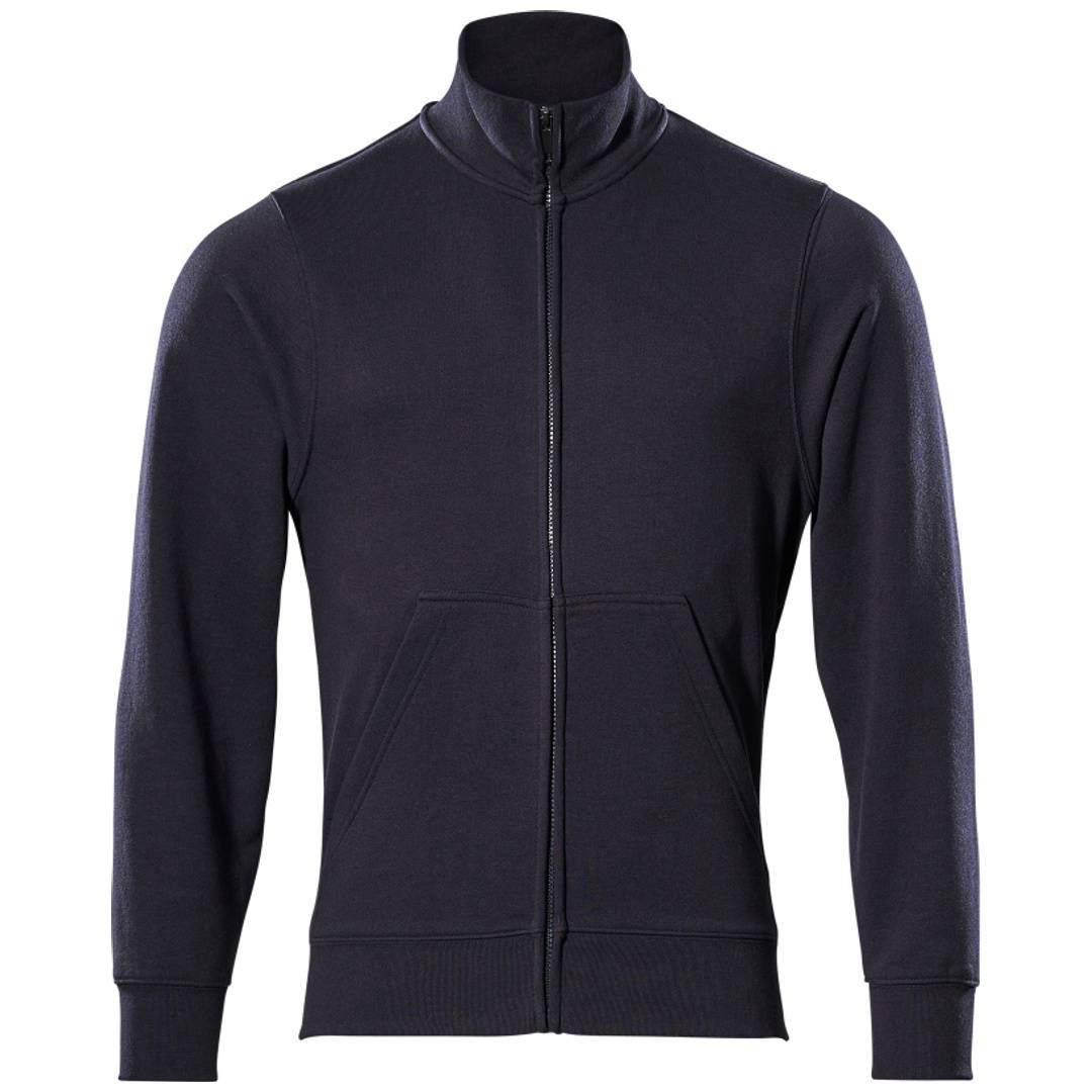 Schwarze Reißverschlussjacke mit hohem Kragen, langen Ärmeln und Vordertaschen auf einem einfachen weißen Hintergrund.