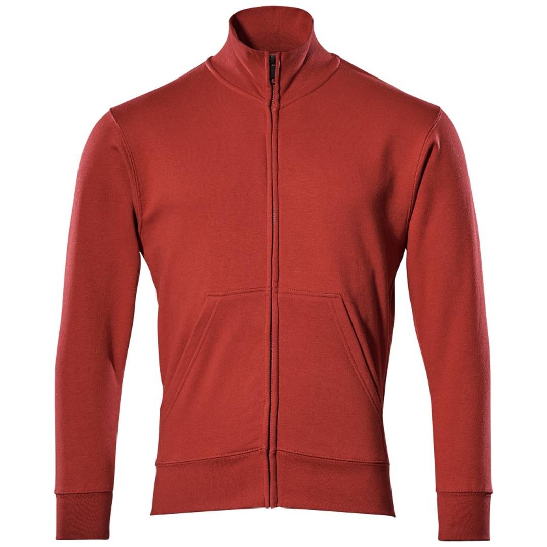 Rote Reißverschluss-Jacke mit hohem Kragen und langen Ärmeln, Vorderansicht auf neutralem weißem Hintergrund.