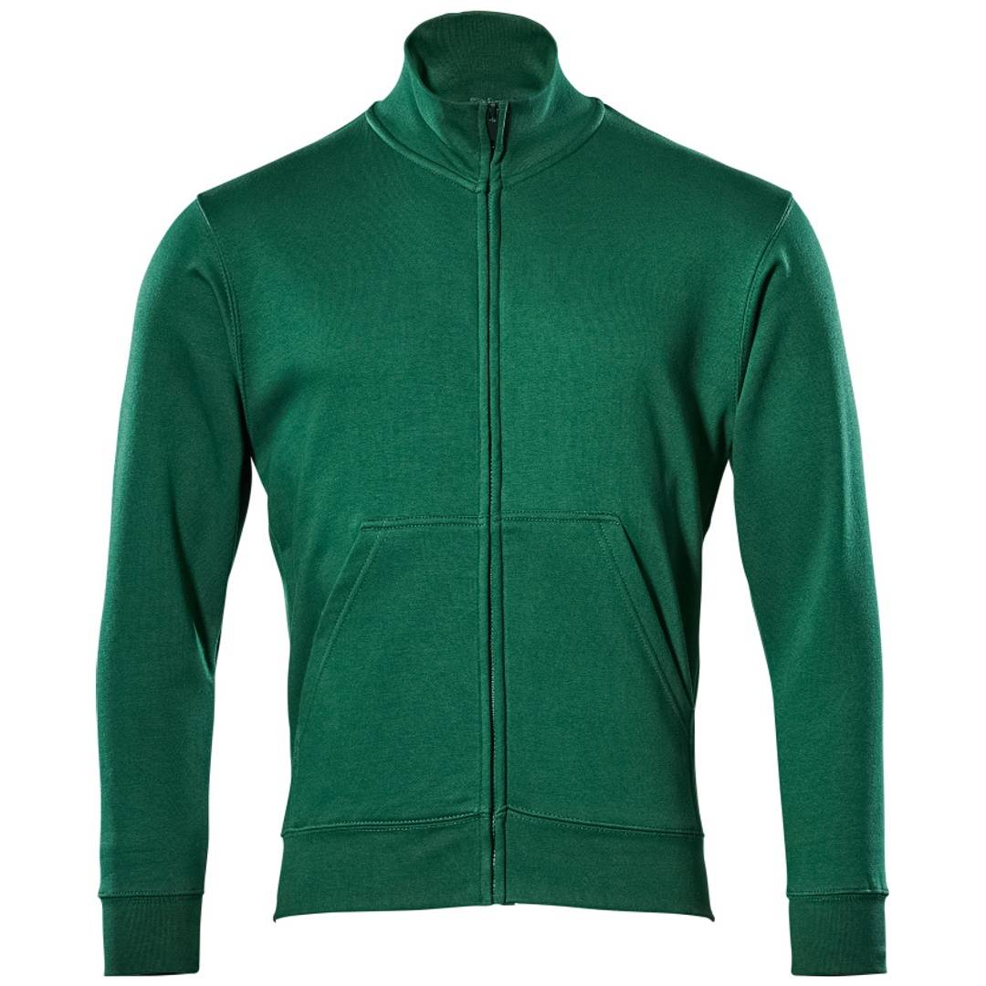 Grüne Sportjacke mit durchgehendem Reißverschluss, Stehkragen, langen Ärmeln und vorderen Taschen auf weißem Hintergrund.