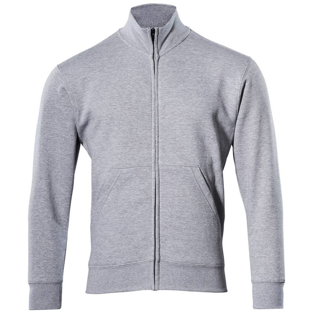 Graue Jacke mit durchgehendem Reißverschluss, Stehkragen, langen Ärmeln und vorderen Taschen auf einfarbigem weißem Hintergrund.