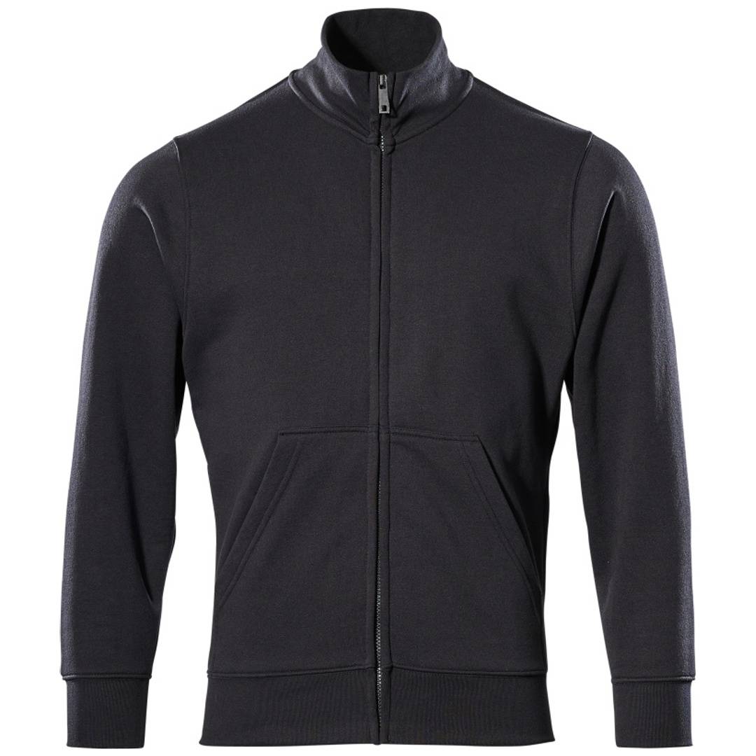 Schwarze Reißverschluss-Jacke mit Stehkragen, langen Ärmeln und vorderen Känguru-Taschen, vor weißem Hintergrund abgebildet.