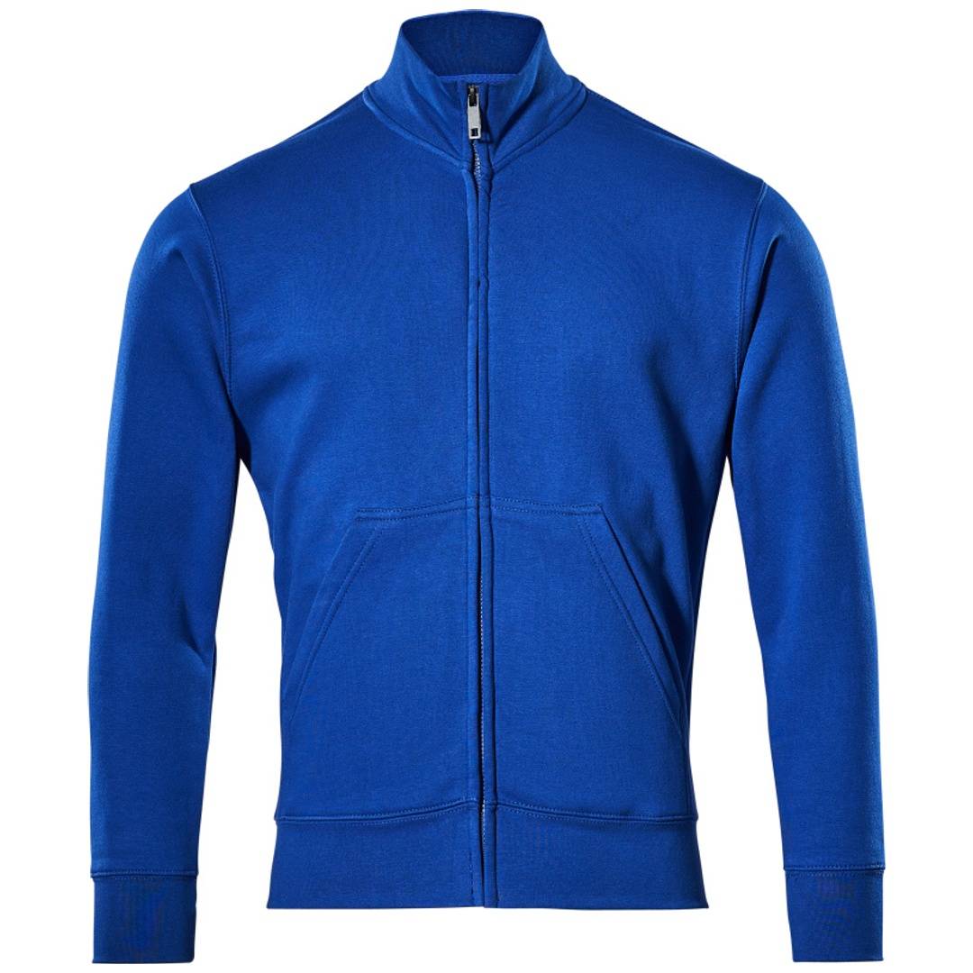 Blauer Reißverschluss-Sweatshirt mit langen Ärmeln und Stehkragen, Vorderansicht auf weißem Hintergrund.