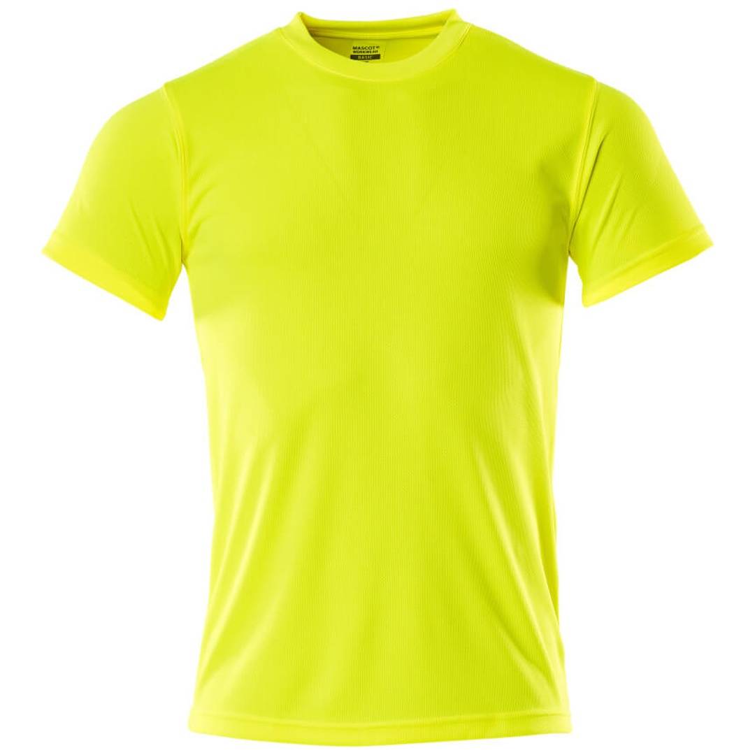 Leuchtend neonorange kurzärmeliges Crewneck-T-Shirt auf schlicht weißem Hintergrund.