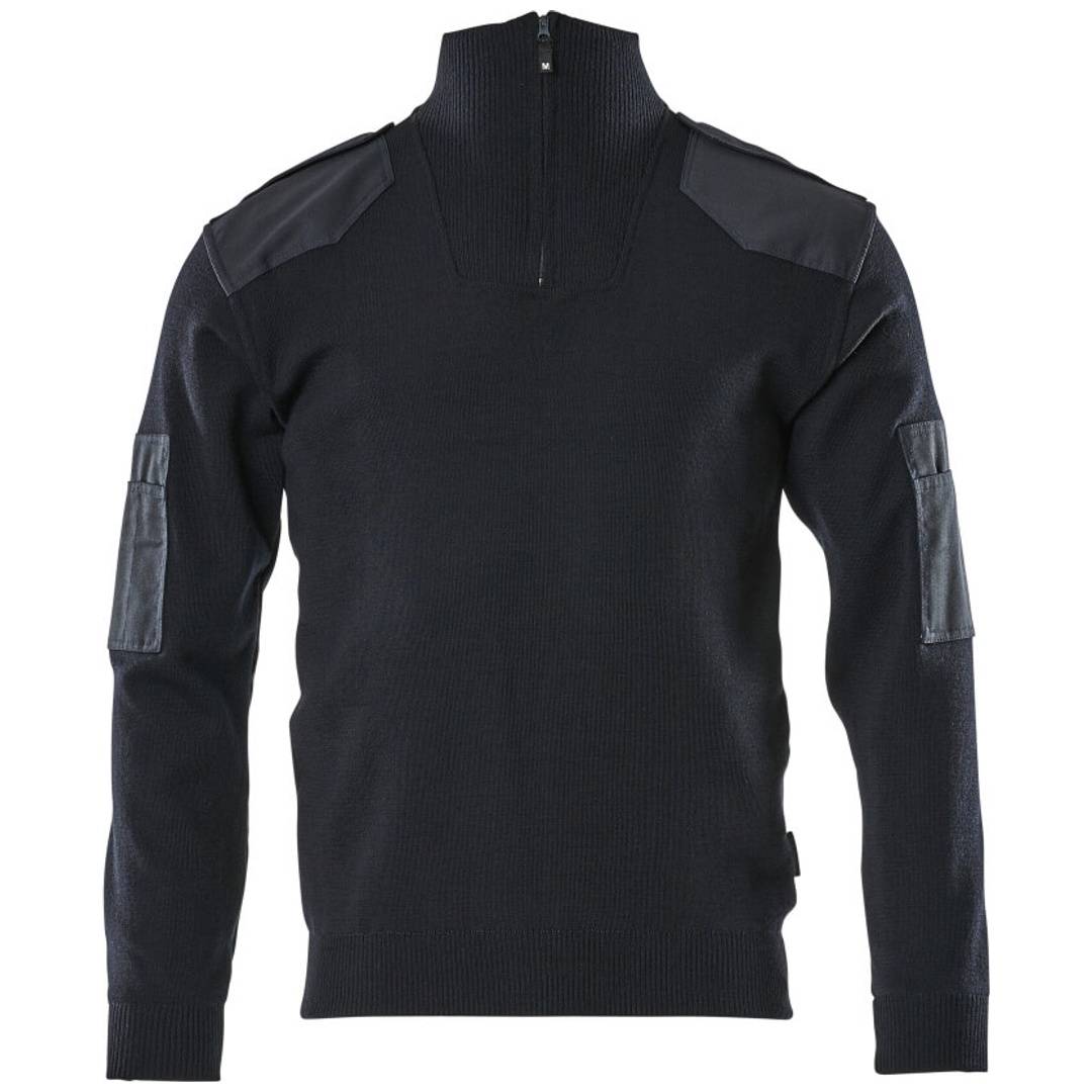 Schwarzer Langarm-Pullover im Taktik-Stil mit Schulter- und Armflicken, Vorderansicht auf weißem Hintergrund.