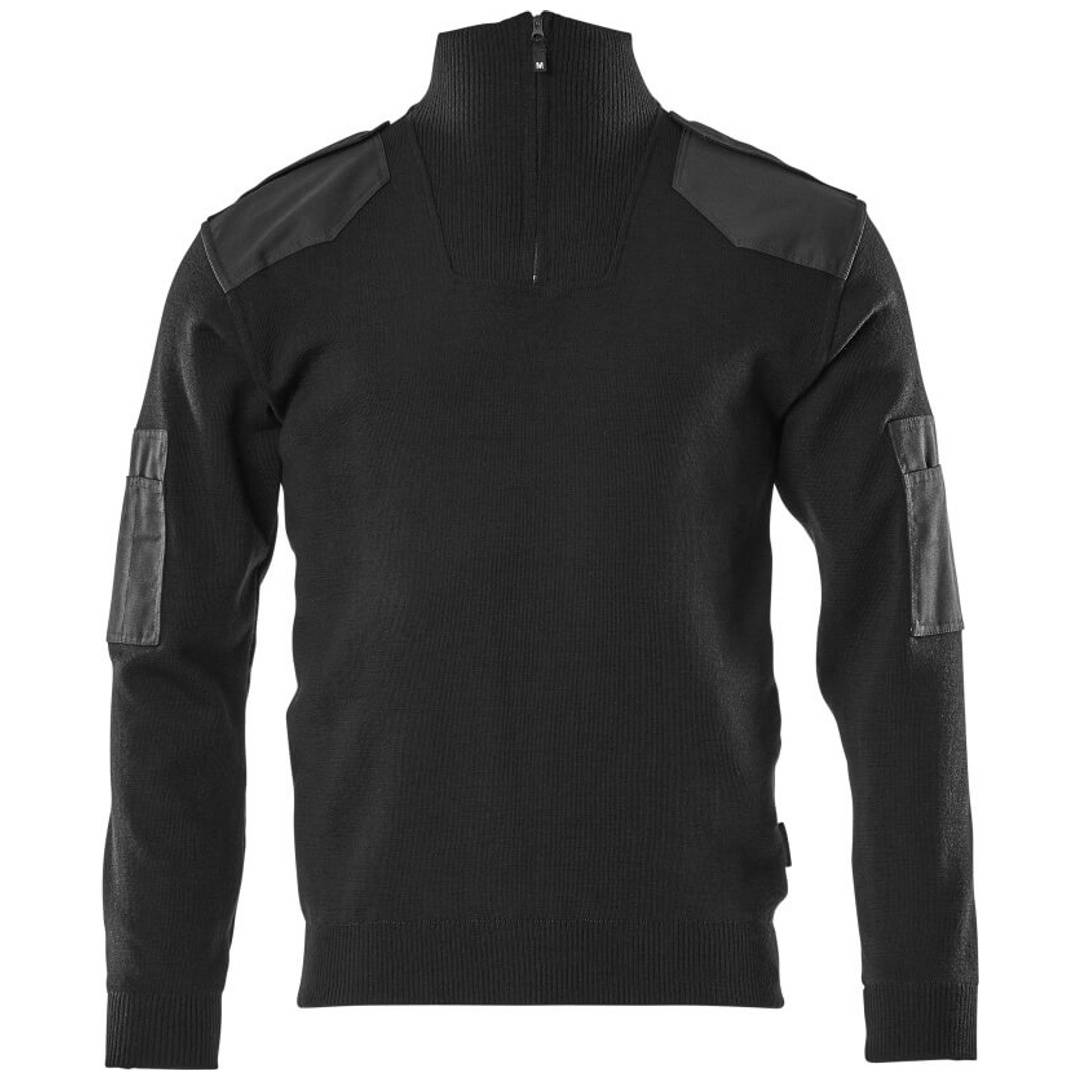 Schwarzer Langarm-Pullover im Taktik-Stil mit Stehkragen, Schulterstücken und Armtaschen, Vorderansicht auf weißem Hintergrund.