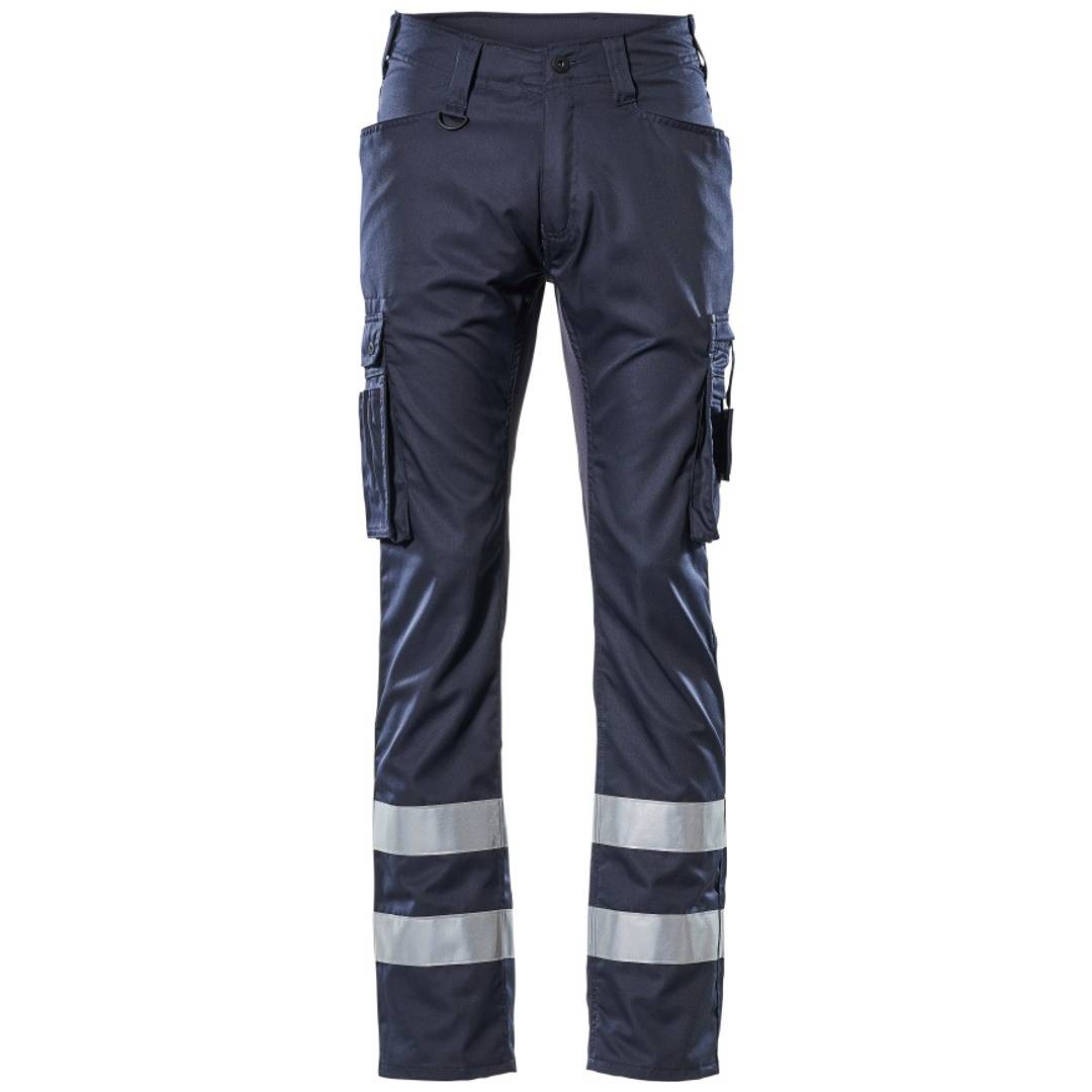 Marineblaue Arbeitshosen mit Cargotaschen und reflektierenden Bändern um die unteren Beine.