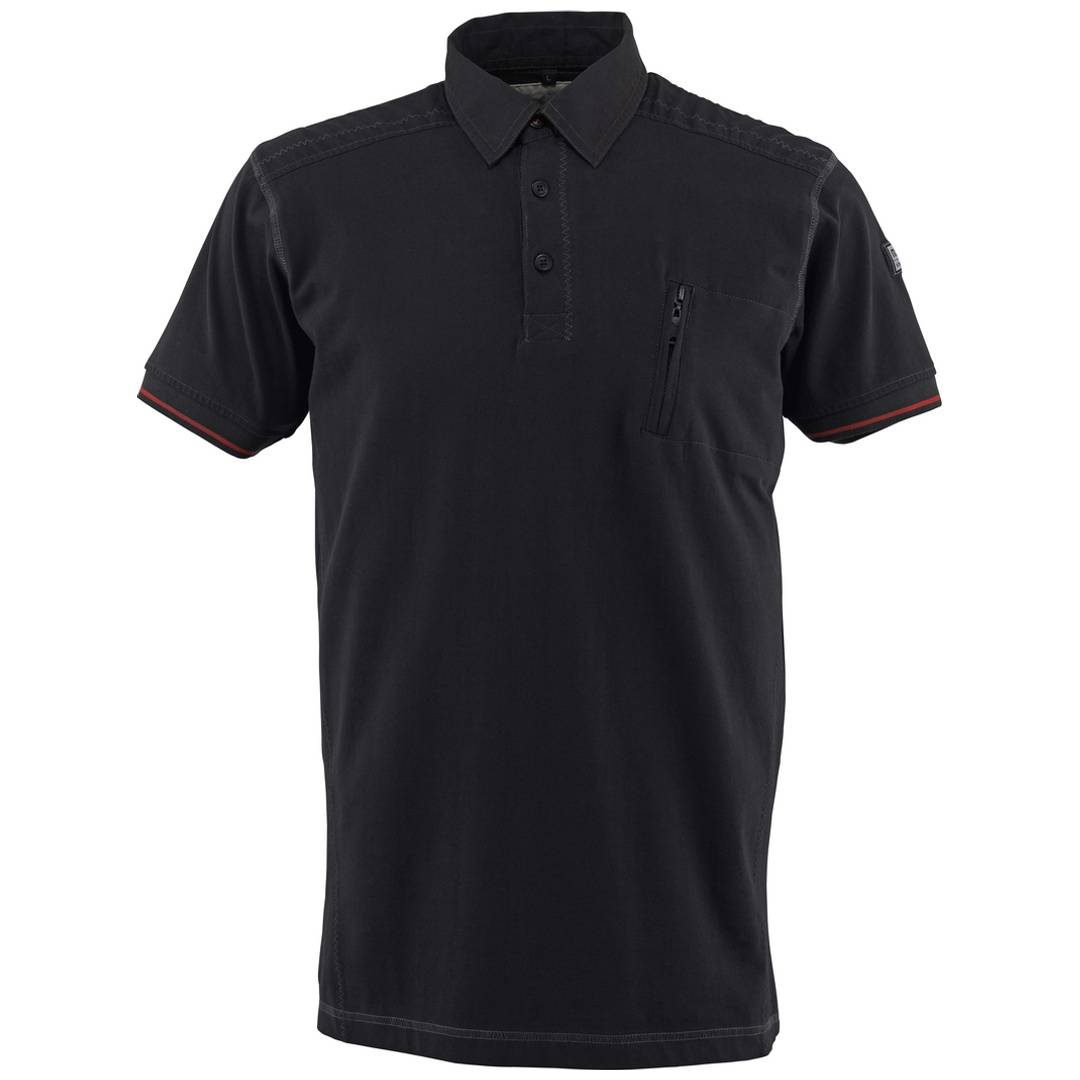 Schwarzes Poloshirt mit kurzen Ärmeln, Kragen, Knopfleiste und Brusttasche, von vorne auf weißem Hintergrund gezeigt.