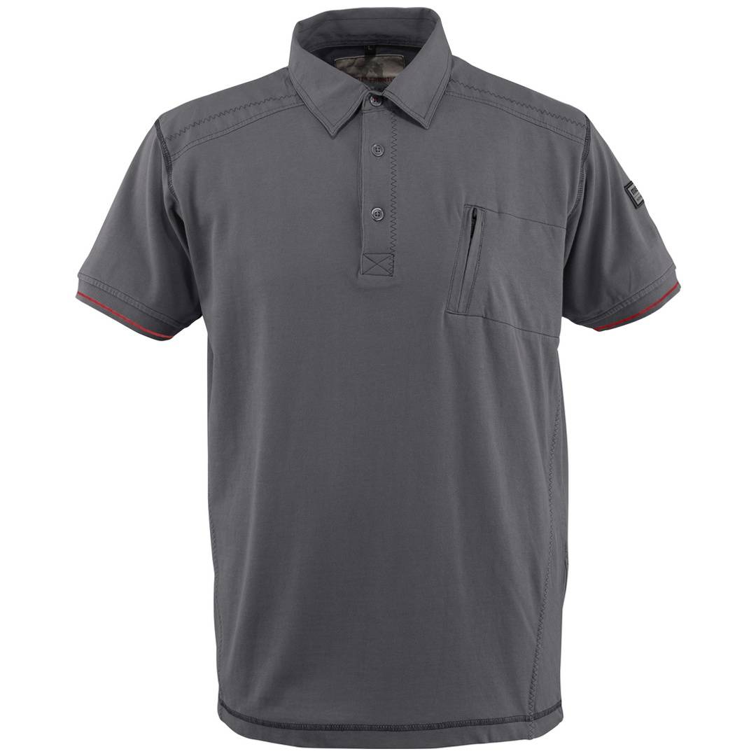 Graues Kurzarm-Poloshirt mit Kragen, dreiteiliger Knopfleiste, Brusttasche und rotem Besatz an den Ärmelsäumen, gezeigt auf weißem Hintergrund.