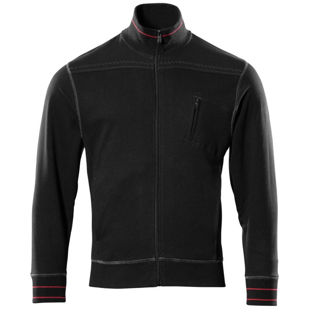 Schwarze Reißverschluss-Jacke mit Stehkragen, Brusttasche und rosa gestreiften Bündchen und Krageneinfassung, gezeigt auf weißem Hintergrund.