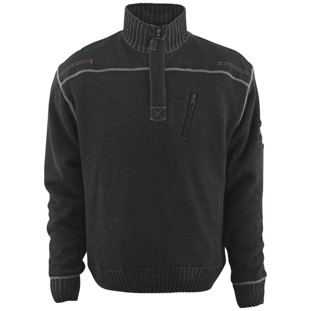 Schwarzer Fleece-Pullover mit langem Arm und Reißverschluss bis zur Mitte mit geripptem Kragen, Manschetten und Saum, Vorderansicht auf weißem Hintergrund.