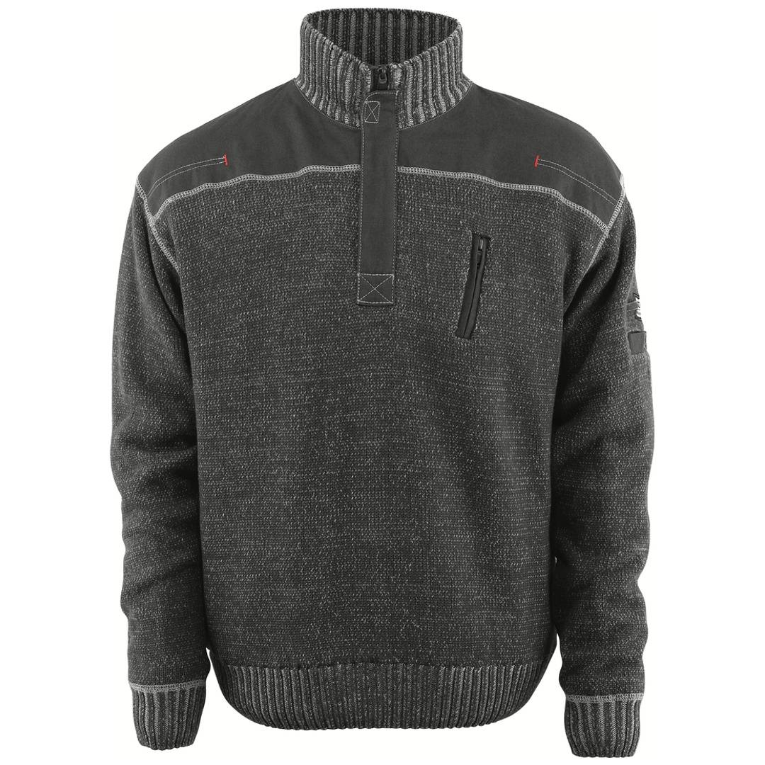Dunkelgraues Pullover mit Reißverschluss bis zur Hälfte mit geripptem hochem Kragen, langen Ärmeln, Brusttasche mit Reißverschluss und gerippten Bündchen und Saum auf weißem Hintergrund.