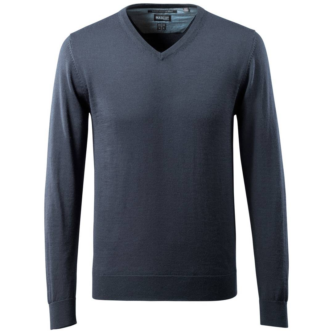 Dunkelgraues Langarm-Shirt mit V-Ausschnitt in einfacher Vorderansicht auf weißem Hintergrund.