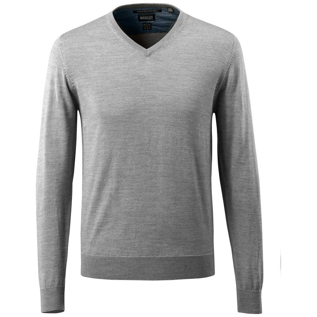 Grauer Pullover mit langen Ärmeln und V-Ausschnitt, Vorderansicht auf weißem Hintergrund.