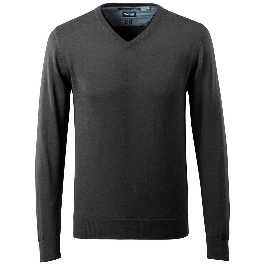 Dunkelgrauer Pullover mit langen Ärmeln und V-Ausschnitt, von vorne auf weißem Hintergrund gezeigt.
