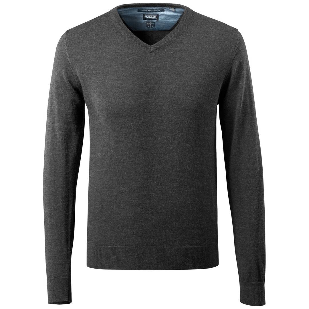 Dunkelgrauer Pullover mit langen Ärmeln und V-Ausschnitt, Vorderansicht auf weißem Hintergrund.