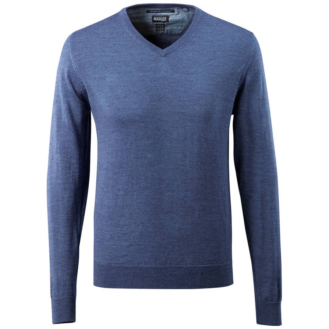 Blauer Pullover mit langen Ärmeln und V-Ausschnitt, Vorderansicht auf einfachem weißem Hintergrund.