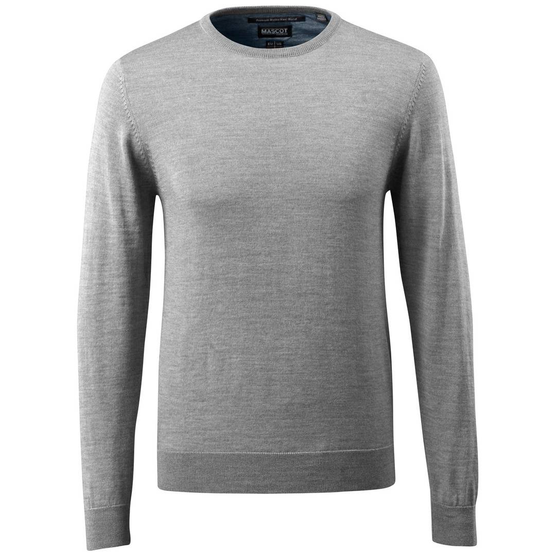 Grauer Pullover mit langen Ärmeln und Rundhalsausschnitt, Vorderansicht auf einfachem weißem Hintergrund.