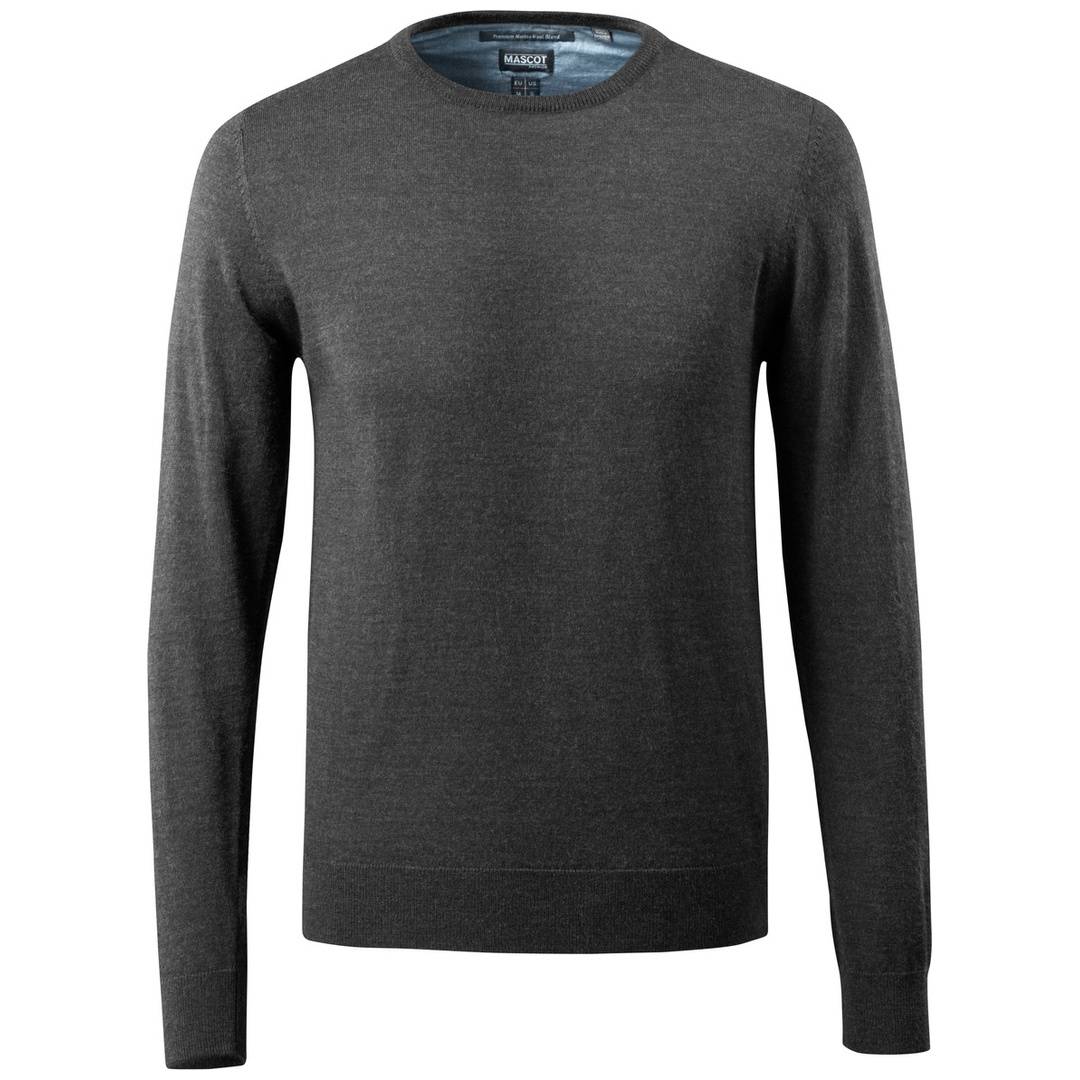 Dunkelgrauer Pullover mit langen Ärmeln und Rundhalsausschnitt, von vorne gezeigt auf weißem Hintergrund.