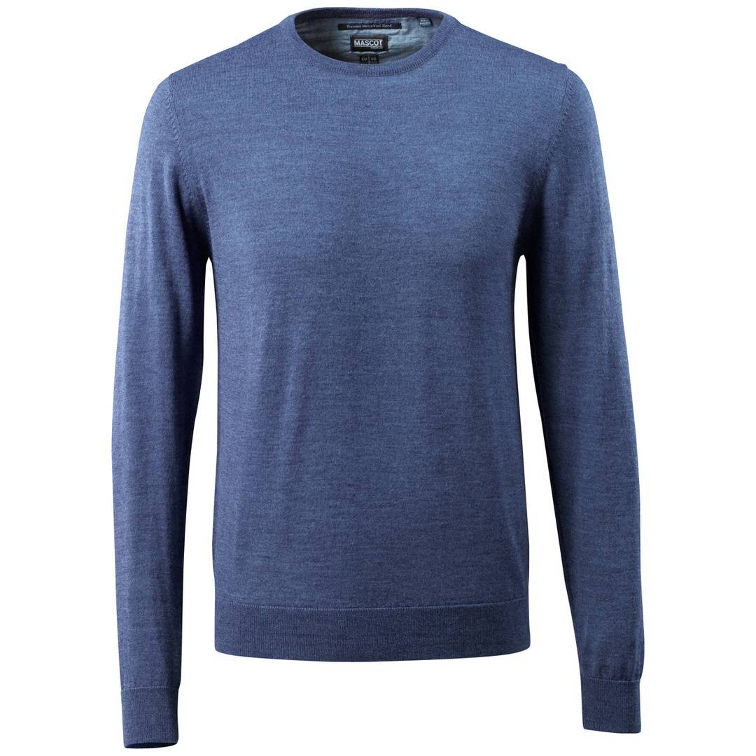 Blauer Pullover mit langen Ärmeln und Rundhalsausschnitt, Vorderansicht auf weißem Hintergrund.