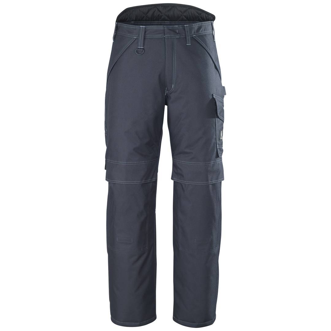 Dunkelgraue Cargo-Arbeitshose mit mehreren Taschen und verstärkten Knien, Vorderansicht auf weißem Hintergrund.