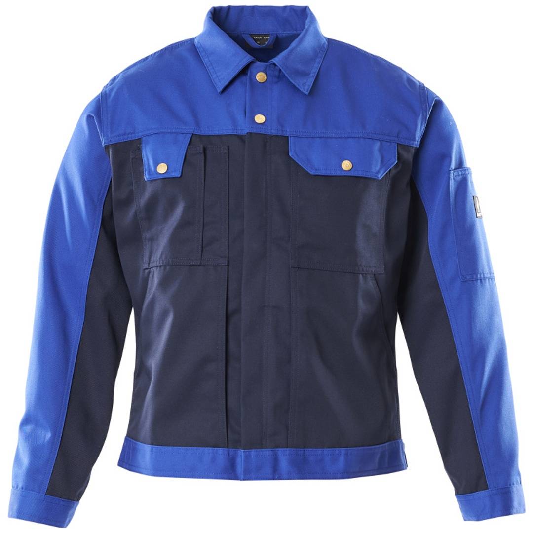 Blau-schwarze Arbeitsjacke mit langen Ärmeln, Knopfverschluss vorne, Brusttaschen und Kragenhals auf einfachem Hintergrund.