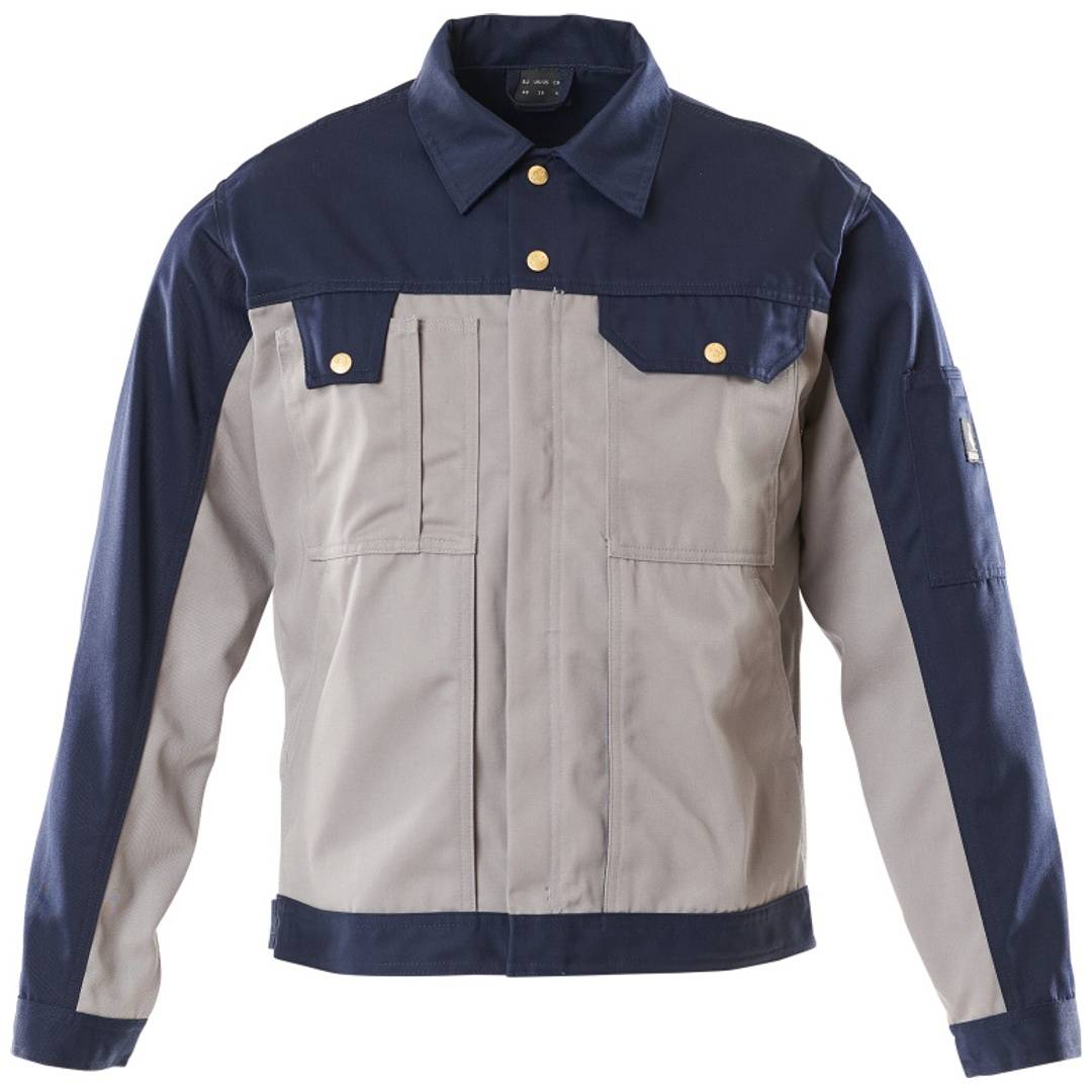 Zweifarbige Arbeitsjacke mit langen Ärmeln, marineblaue Schultern, Ärmel und Saum, grauer Körper, Vordertaschen und Knopfverschluss.