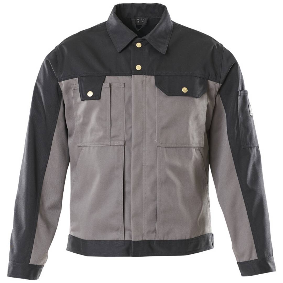 Grau-schwarze Arbeitsjacke mit langen Ärmeln, Knopfverschluss vorne, Brusttaschen und Stehkragen, gezeigt auf weißem Hintergrund.