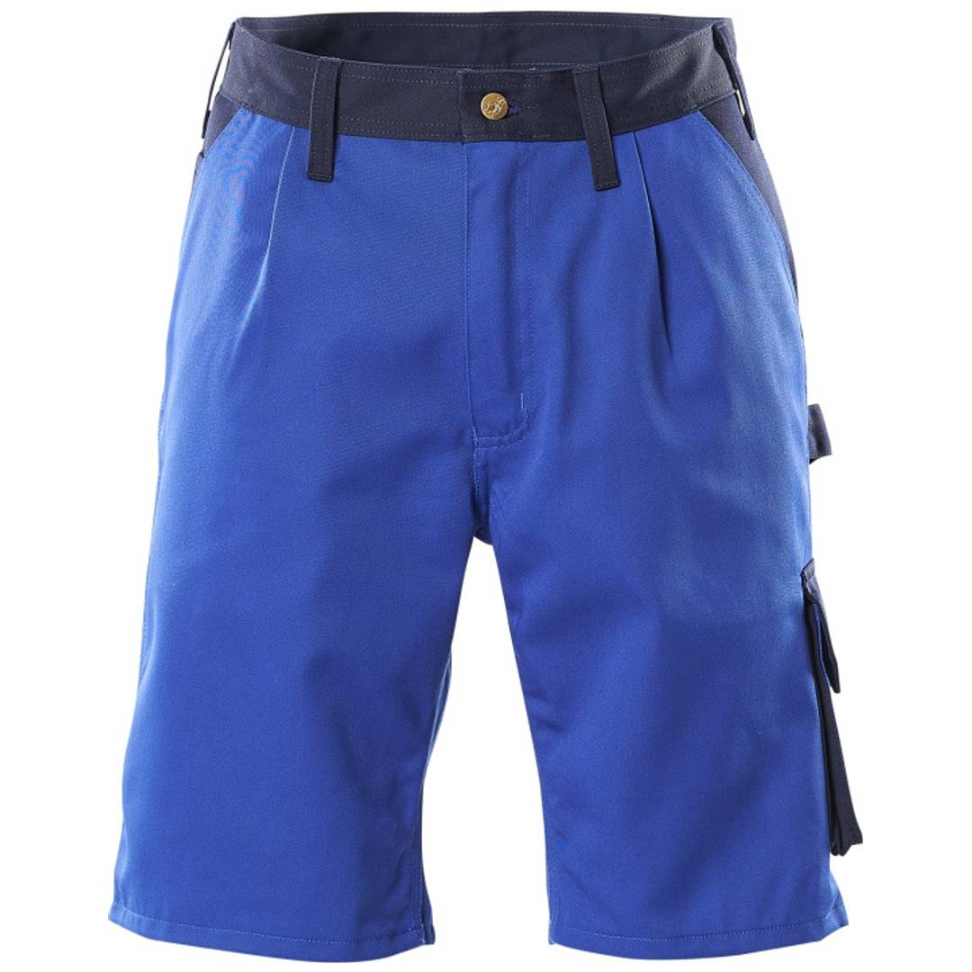 Blaue Arbeitskurzhosen mit schwarzem Bund und Gürtelschlaufen, Vorderansicht auf weißem Hintergrund.