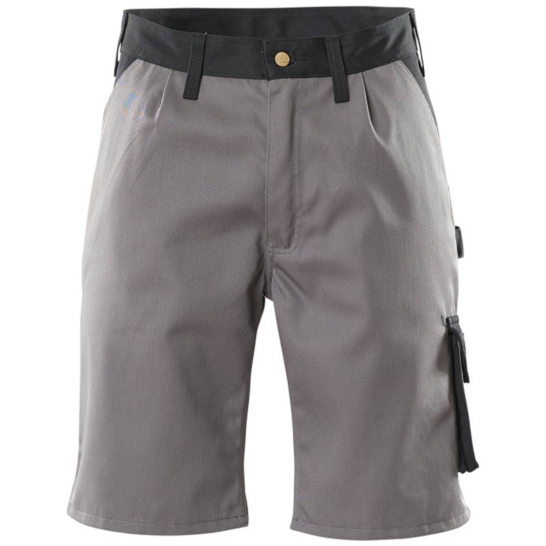 Graue Arbeitsshorts mit schwarzem Bund und seitlicher Werkzeugtasche, Vorderansicht auf weißem Hintergrund.