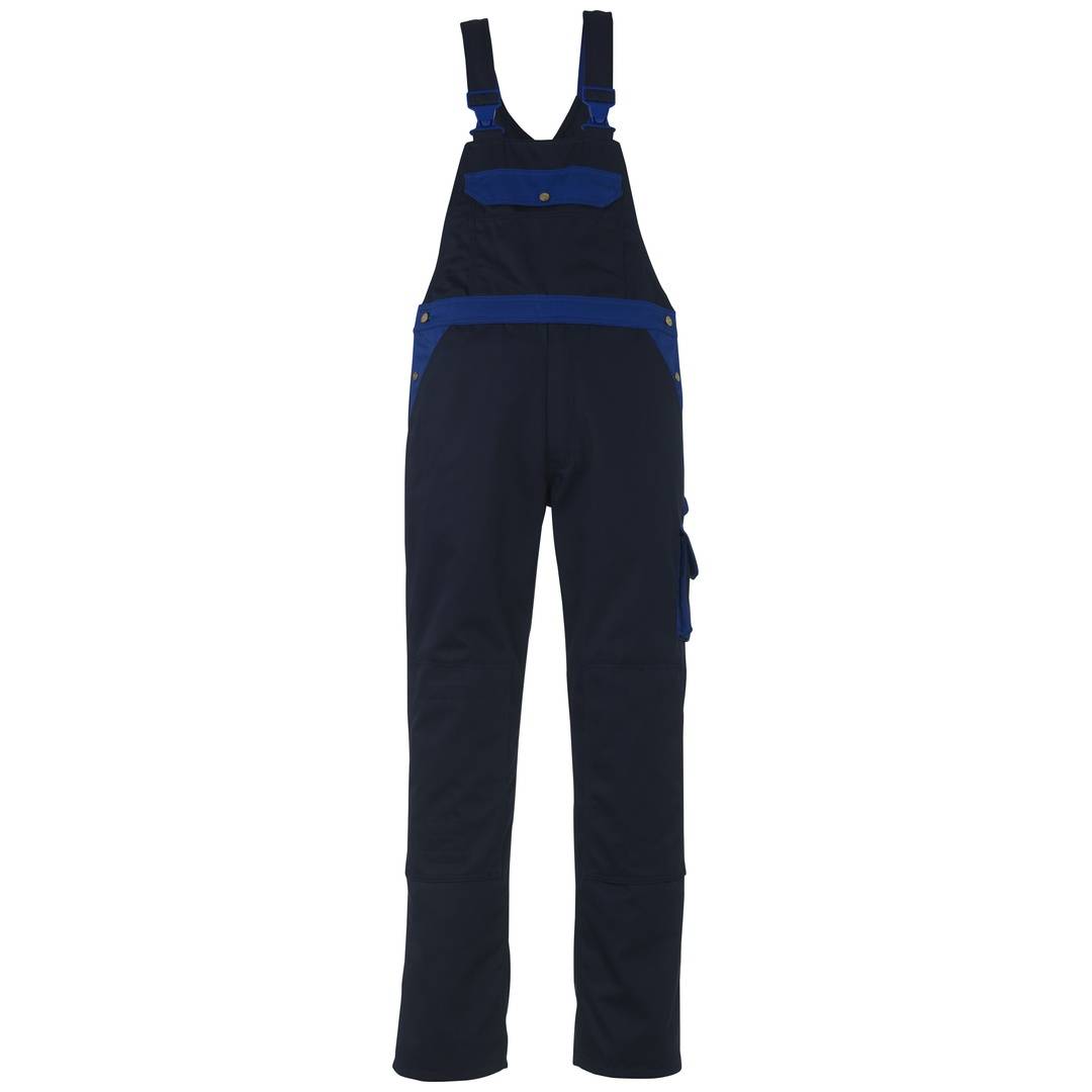Dunkelblaue Latzhose mit Schultergurten und mehreren Taschen, Vorderansicht auf weißem Hintergrund.