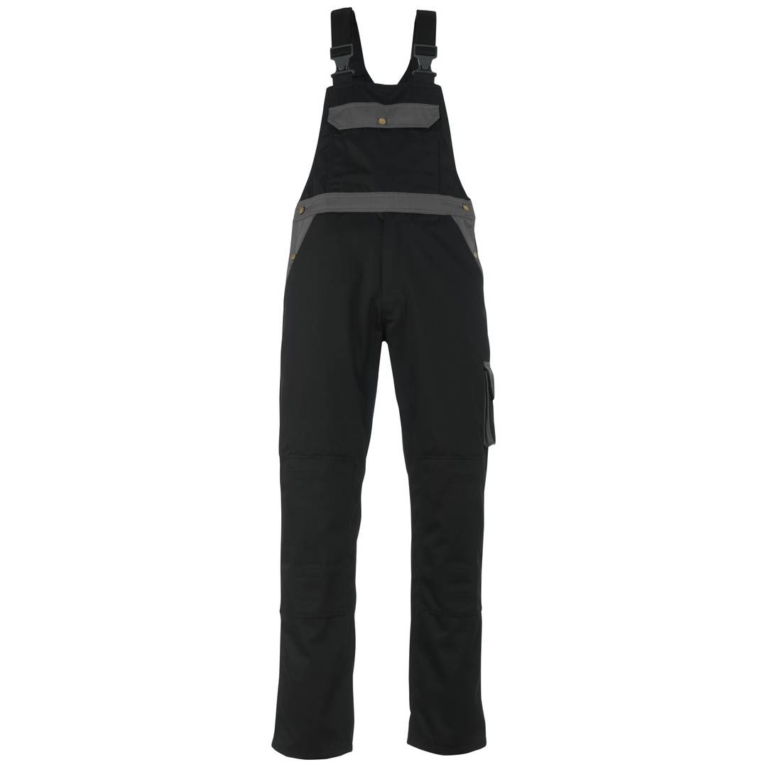 Schwarze Latzhose mit verstellbaren Schultergurten, grauem Besatz und einer seitlichen Cargotasche, dargestellt vor weißem Hintergrund.