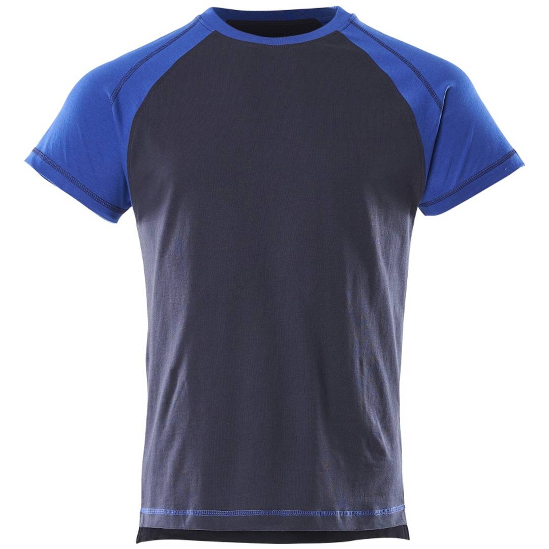 Schwarzes und blaues Kurzarm-Athletik-T-Shirt auf schlicht weißem Hintergrund.