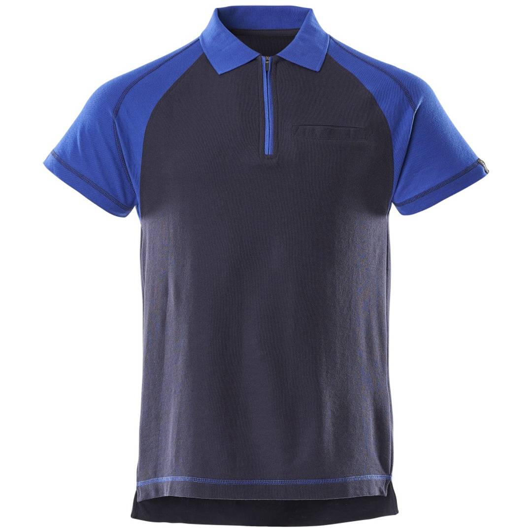 Dunkelgraues und blaues kurzärmeliges Poloshirt mit Halbregenverschluss-Kragen, Vorderansicht auf weißem Hintergrund.
