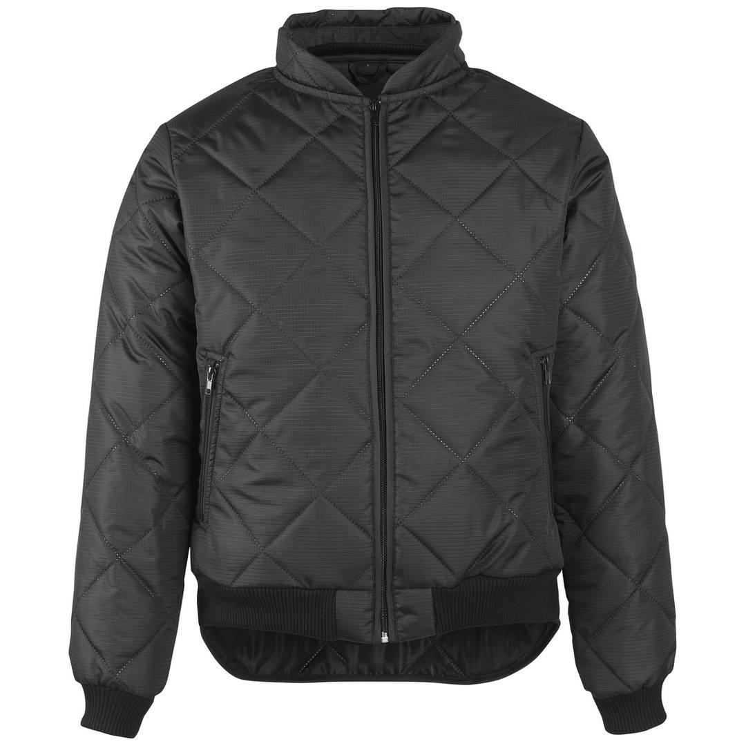 Schwarze gesteppte Kapuzenjacke mit Reißverschluss, langen Ärmeln, vorderen Taschen, gerippten Bündchen und Saum, gezeigt auf einfachem weißem Hintergrund.