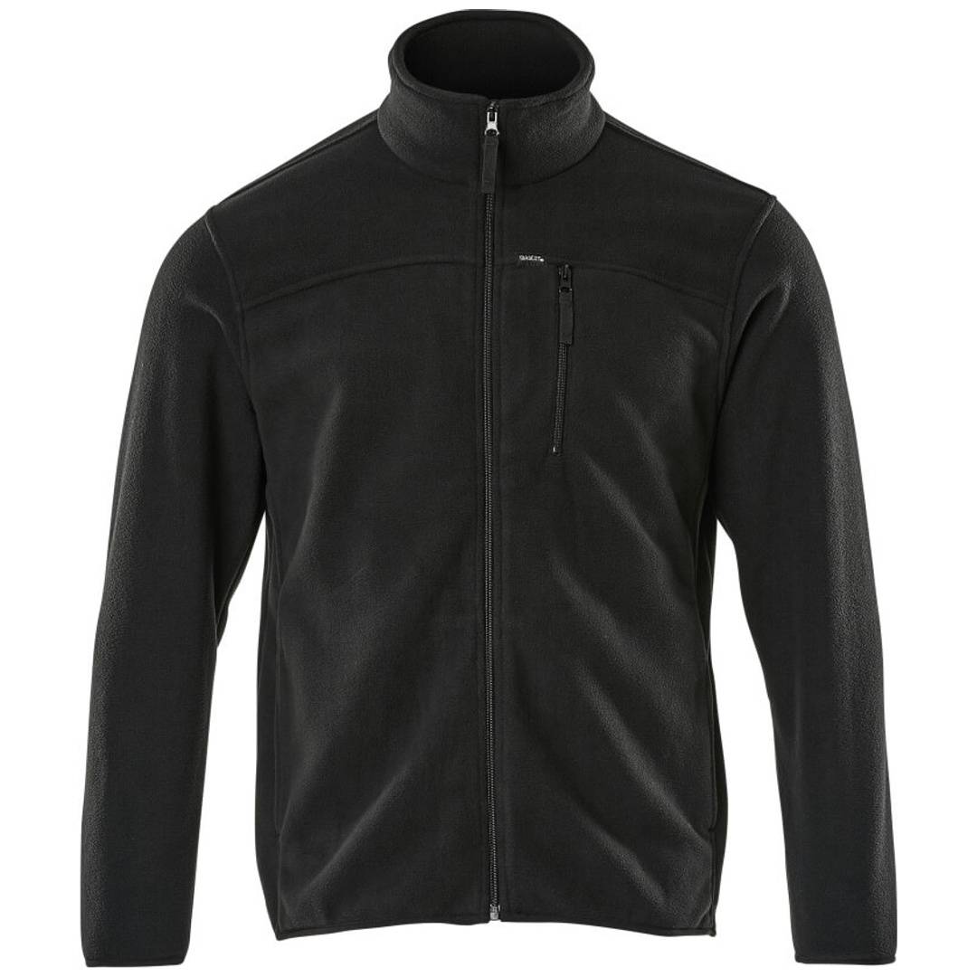 Schwarze Fleecejacke mit Reißverschluss, Stehkragen und Brusttasche, Vorderansicht auf weißem Hintergrund.
