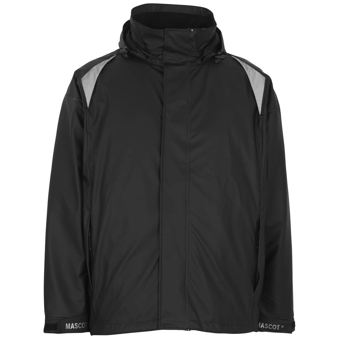 Schwarze Reißverschluss-Kapuzenjacke mit hellgrauen Schulterverzierungen und Maskottchen-Branding auf den Ärmeln.