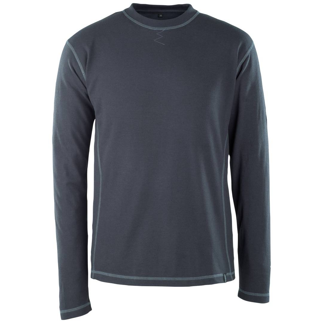 Dunkelgraues Langarm-Sportshirt mit Rundhalsausschnitt, Vorderansicht auf einfachem weißem Hintergrund.