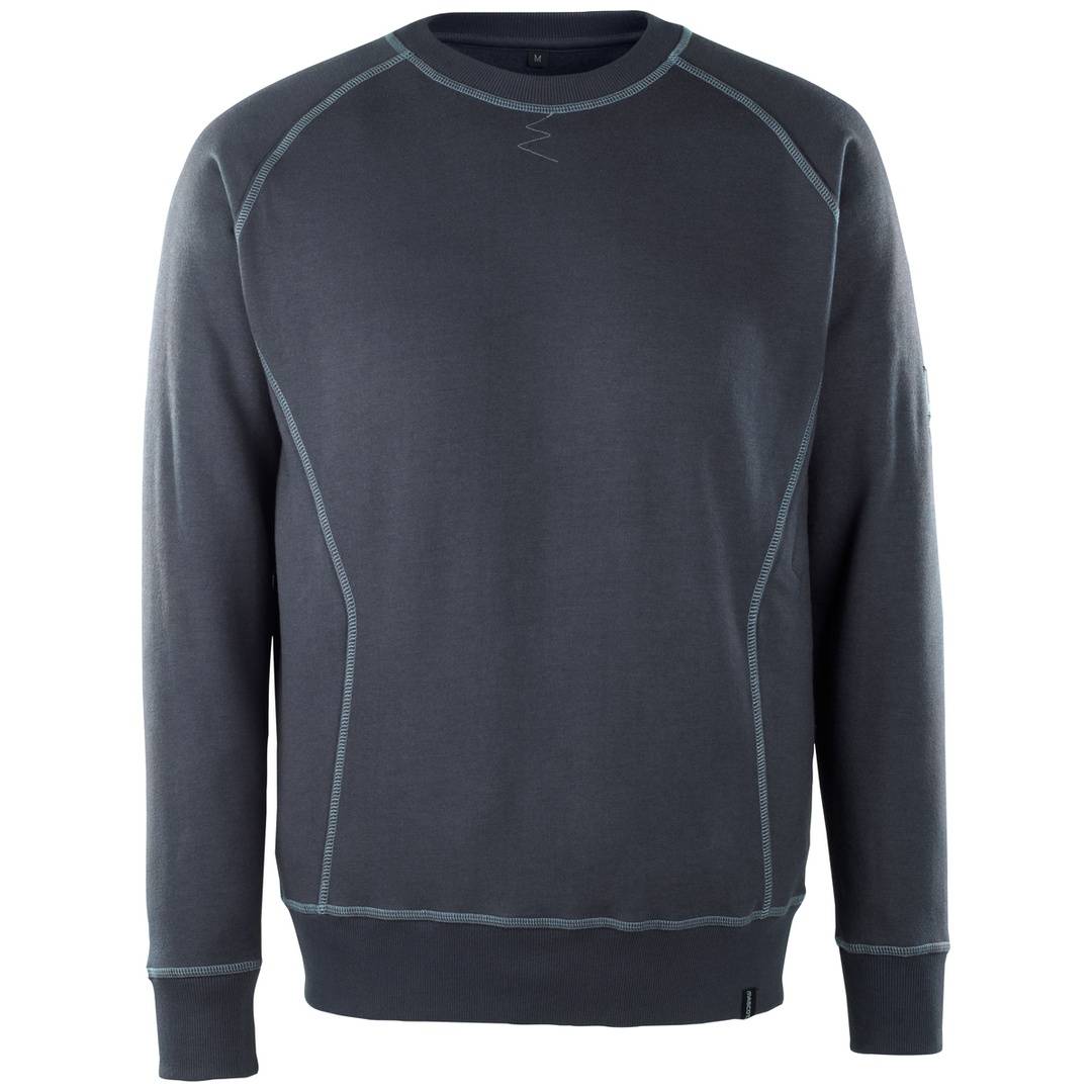 Dunkelgraues Langarm-Sweatshirt mit Rundhalsausschnitt, Kontrastnähten und gerippten Bündchen und Saum, Vorderansicht auf weißem Hintergrund.