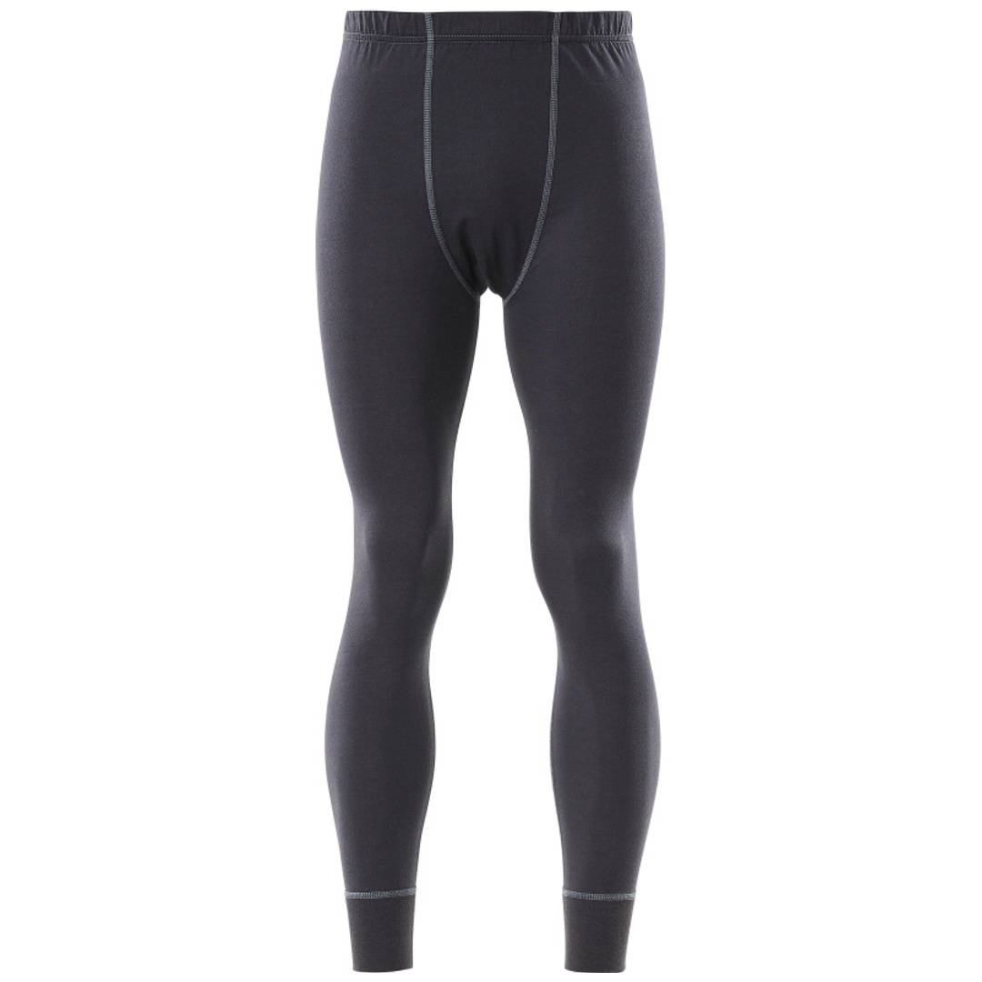 Schwarze lange Herren-Unterwäsche Leggings mit elastischem Bund, Vorderansicht auf einfachem weißem Hintergrund.