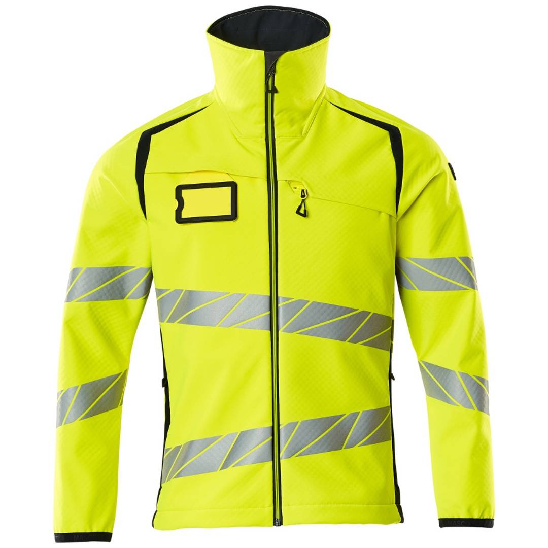 Leuchtend gelbe Warnschutzjacke mit Reißverschluss, reflektierende graue Streifen, schwarze Einfassung und hoher Kragen, Vorderansicht auf weißem Hintergrund.